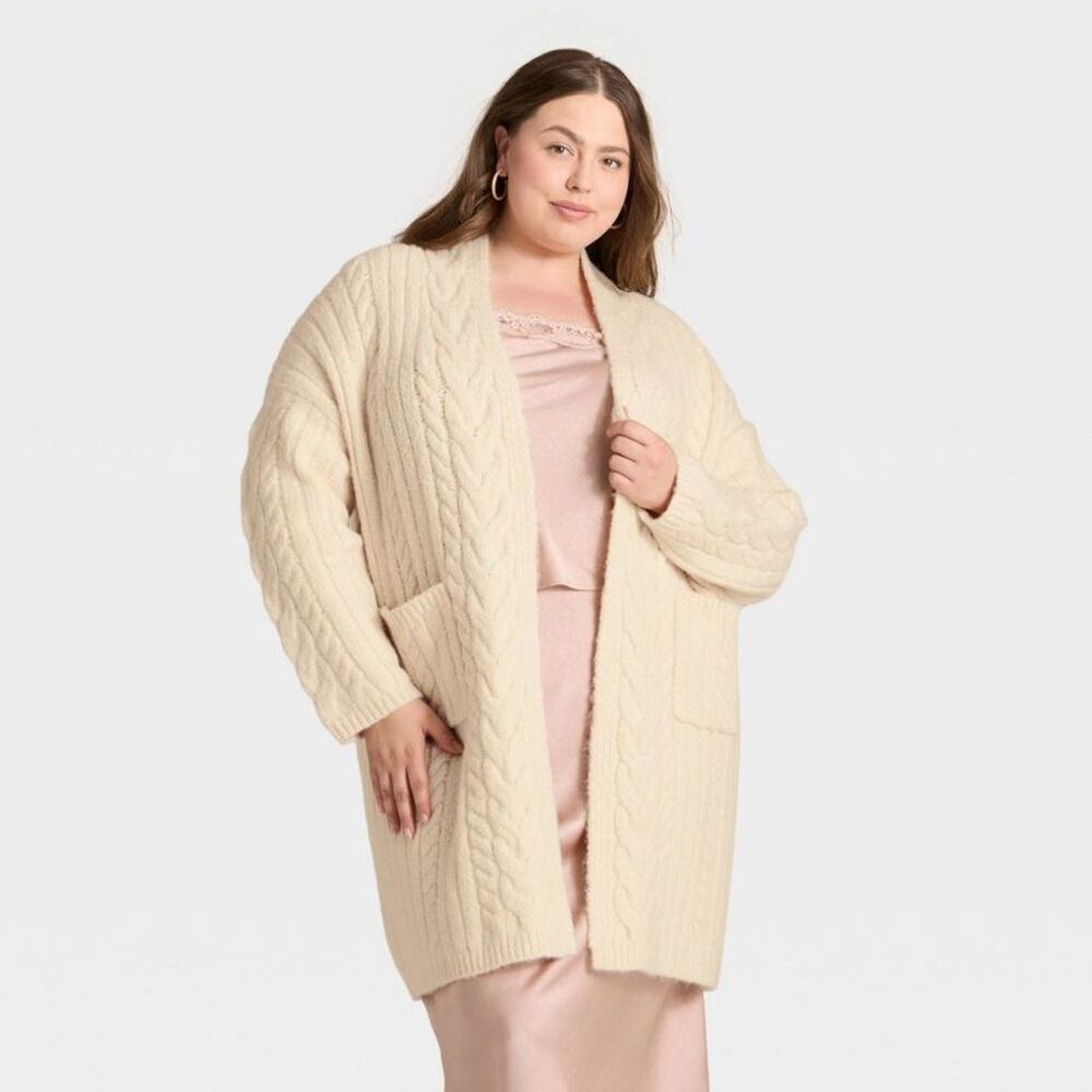 Women's Long Sleeve Cabled Cardigan Sweater - A New Day Cream XL